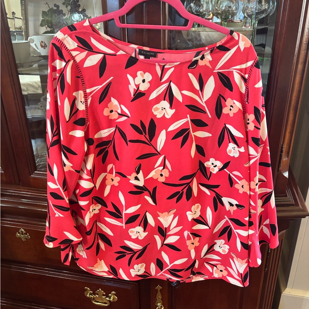 Talbots Deep Pink and Black Floral Blouse